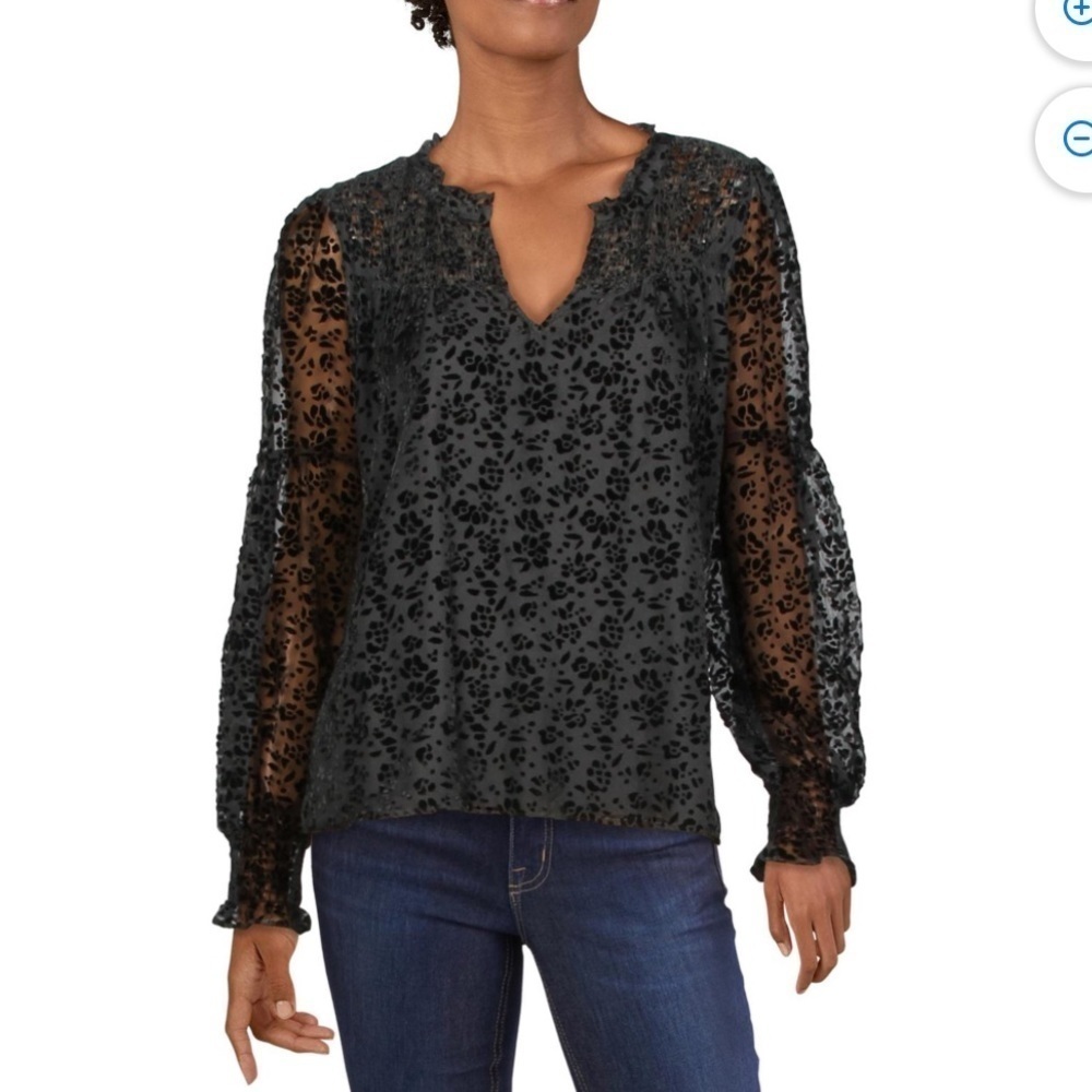 EUC - Parker Craig Sheer Velvet Burnout Puff-sleeve Floral Blouse Size Medium